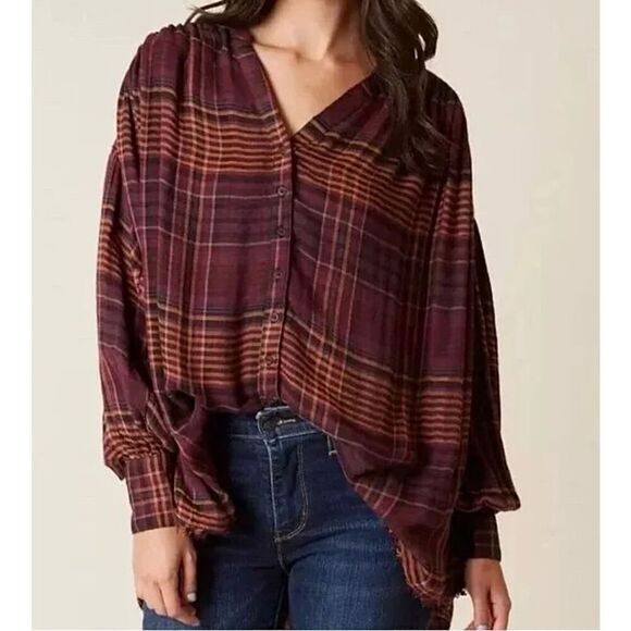 Free People Tops - Free People Come On Over Button Down Plaid Top size L Lagenlook Boho Relaxed